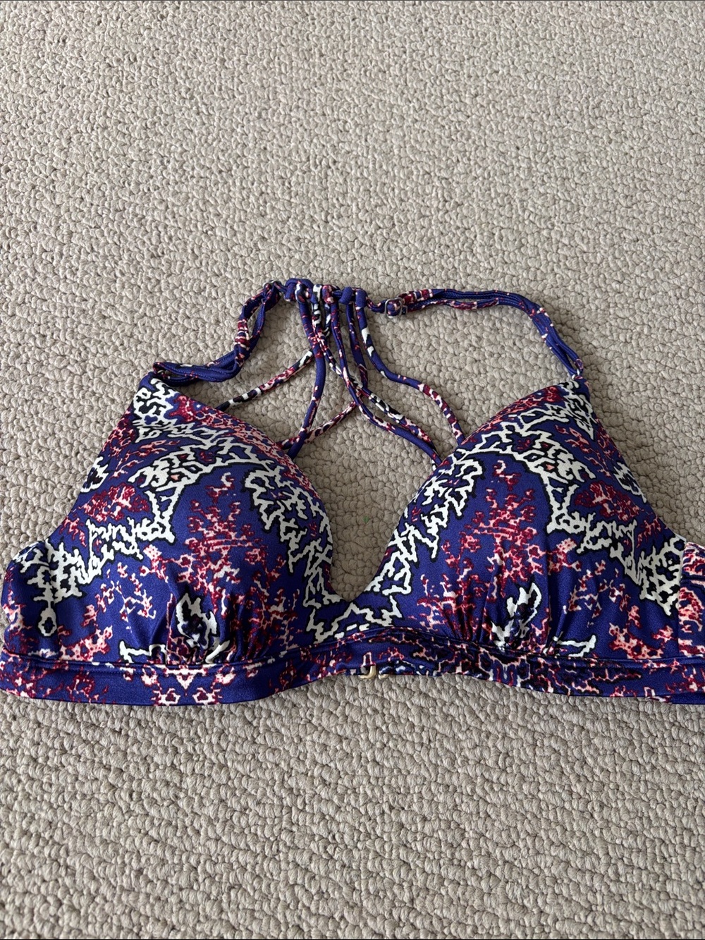 Athleta Navy and Red Floral-Accent Bikini Top